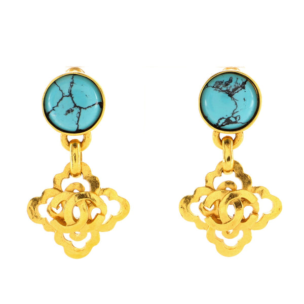 Vintage Dangling CC Clip-On Earrings Metal and Turquoise