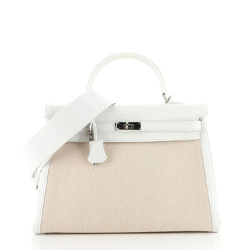 Hermes Kelly Handbag Toile and White Clemence with Palladium Hardware 35