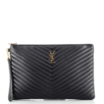 Saint Laurent Classic Monogram Wristlet Pouch Matelasse Chevron Leather Large