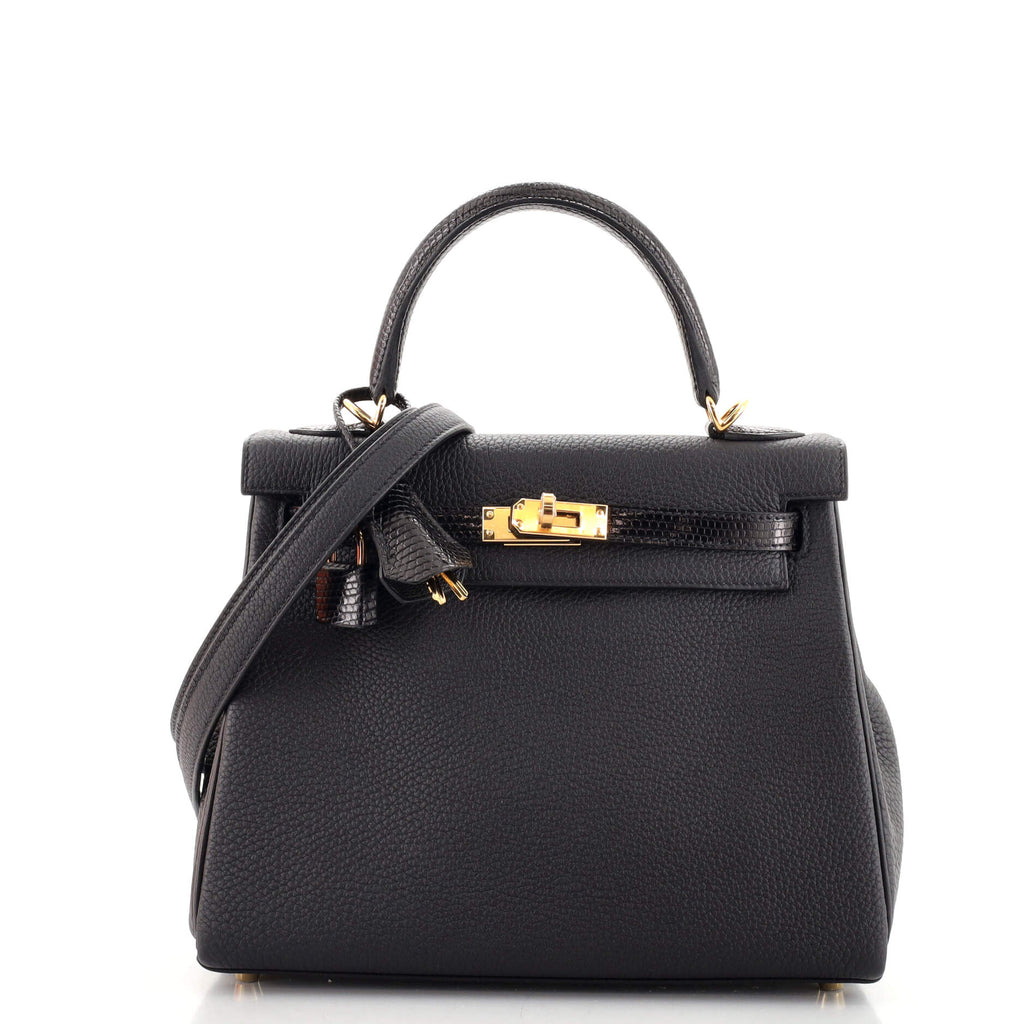 Hermes Touch Kelly Handbag Black Togo with Lizard and Gold Hardware 25  Black 1248741