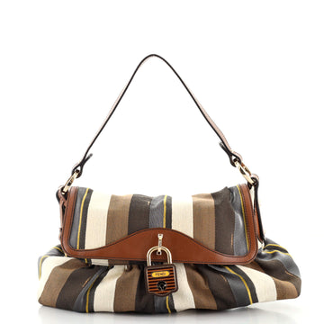 Fendi Chef Lock Flap Bag Striped Canvas and Leather Large