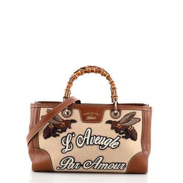Gucci Bamboo Web Shopper Tote Embroidered Cross Stitch Canvas Medium