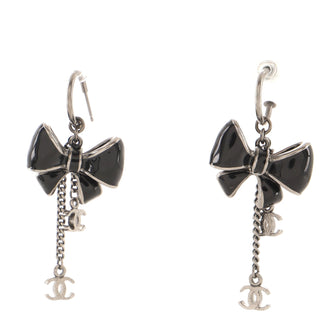 Chanel CC Dangling Ribbon Hoop Earrings Metal with Enamel