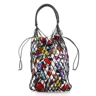 Prada Fishnet Tote Woven Leather and Printed Canvas