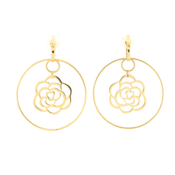Chanel Signature Camellia Clip-On Hoop Earrings 18K Yellow Gold Large