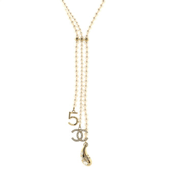 Chanel CC No. 5 Lariat Necklace Faux Pearls and Metal with Crystals