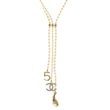 Chanel CC No. 5 Lariat Necklace Faux Pearls and Metal with Crystals