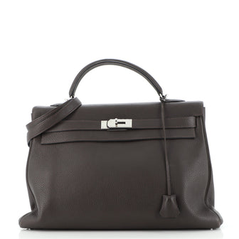 Hermes Kelly Handbag Brown Clemence with Palladium Hardware 40