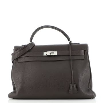 Hermes Kelly Handbag Brown Clemence with Palladium Hardware 40