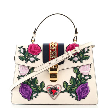 Gucci Sylvie Top Handle Bag Embroidered Leather Medium
