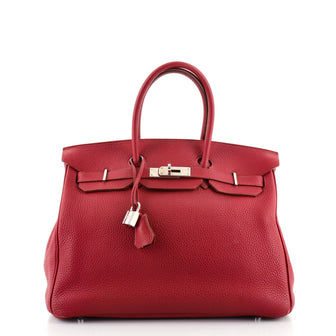 Hermes Birkin Handbag Red Clemence with Palladium Hardware 35