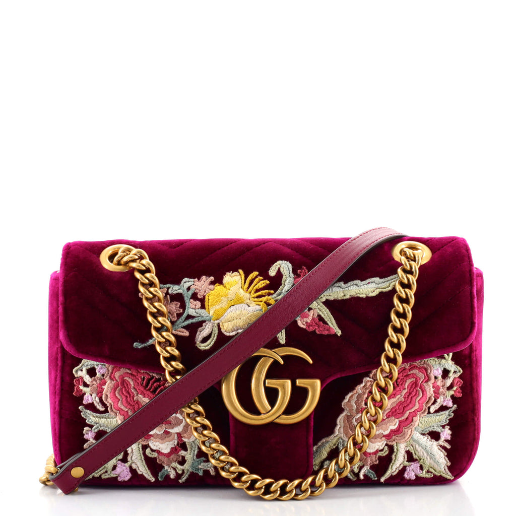 Gucci GG Marmont Flap Bag Embroidered Matelasse Velvet Small Purple  125911227