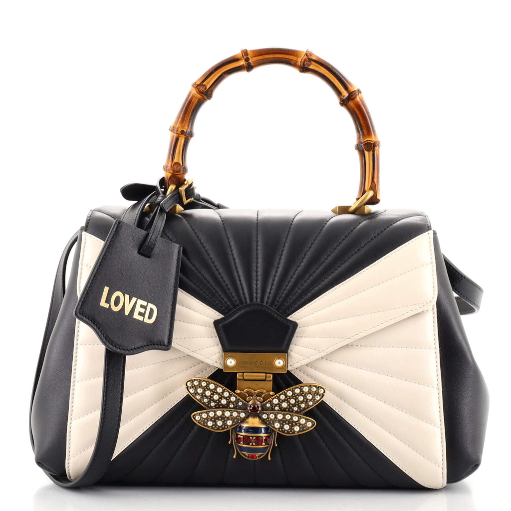 Gucci Bee Two Tone Leather & Bamboo Bag in Black