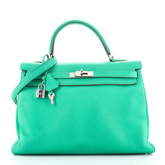 Hermes Kelly Handbag Green Clemence with Palladium Hardware 35