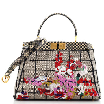 Fendi Peekaboo Bag Embroidered Check Canvas Regular
