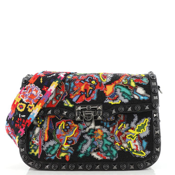 Valentino Rolling Rockstud Crossbody Bag Beaded Leather with Cabochons Medium