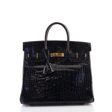 Hermes HAC Birkin Bag Black Shiny Alligator with Gold Hardware 32
