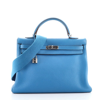 Hermes Kelly Amazone Handbag Blue Clemence with Palladium Hardware 35
