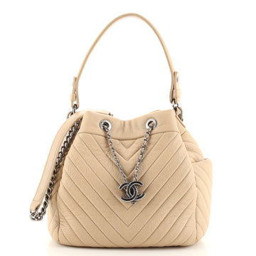 Chanel CC Chain Drawstring Bucket Bag Chevron Sheepskin Small