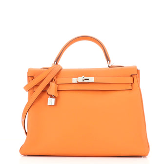 Hermes Kelly Handbag Orange Clemence with Palladium Hardware 35