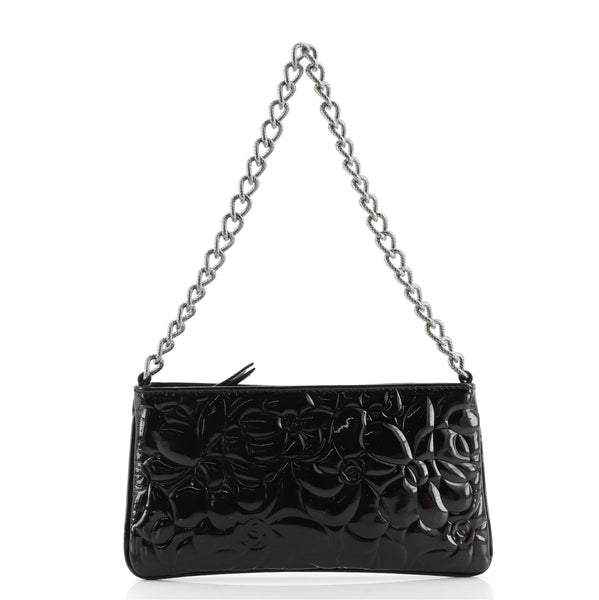 Chanel Black Camellia Embossed Patent Leather Mini Pochette Bag