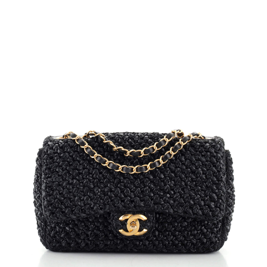 Chanel Classic Single Flap Bag Crochet Raffia Medium Black 1266122