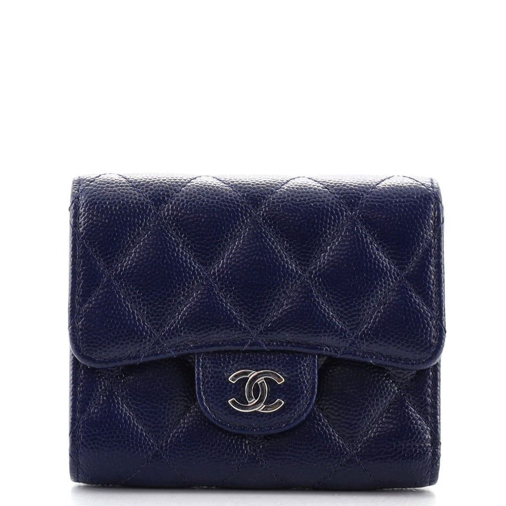 CHANEL Navy Quilted Caviar Small Classic Flap Wallet