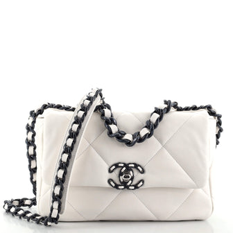 CHANEL Glossy Calfskin Quilted Medium Chanel 19 Flap White Black