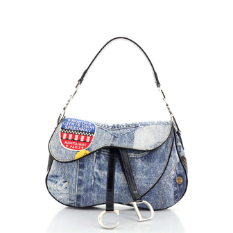Christian Dior Vintage Double Saddle Bag Printed Denim