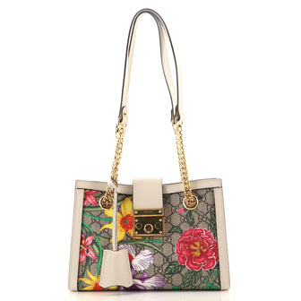 Gucci Padlock Chain Tote Flora GG Coated Canvas Small