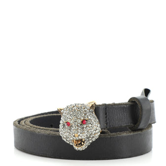 Gucci Feline Head Buckle Belt Leather with Crystal Embellished Metal Thin