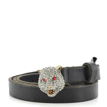 Gucci Feline Head Buckle Belt Leather with Crystal Embellished Metal Thin