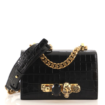 Alexander McQueen Jewelled Flap Satchel Crocodile Embossed Leather Small