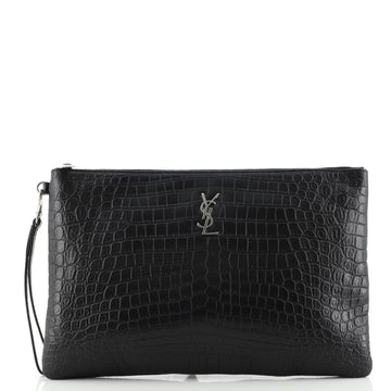 Saint Laurent Classic Monogram Tablet Wristlet Pouch Crocodile Embossed Leather