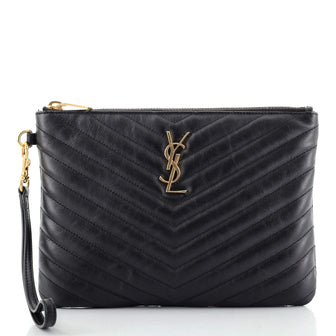 Saint Laurent Classic Monogram Wristlet Pouch Matelasse Chevron Leather Small