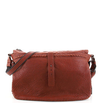 Bottega Veneta Zip Top Messenger Bag Textured Leather with Intrecciato Details Large