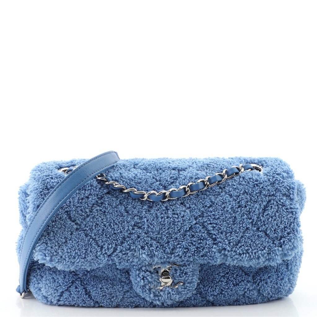 Chanel By The Sea Flap Bag Quilted Faux Fur Medium Blue 128385194