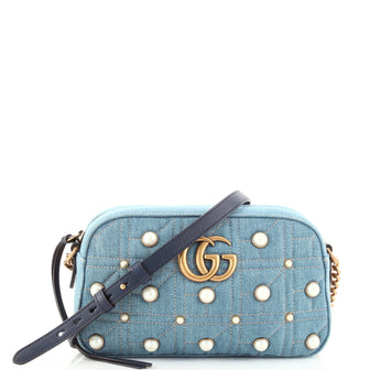 Gucci Pearly GG Marmont Shoulder Bag Embellished Matelasse Denim Small