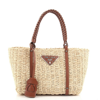 Prada Braided Handle Open Tote Corn Husk and Leather Medium