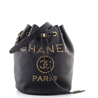 Chanel Deauville Drawstring Bucket Bag Studded Caviar Medium