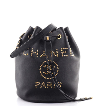 Chanel Deauville Drawstring Bucket Bag Studded Caviar Medium