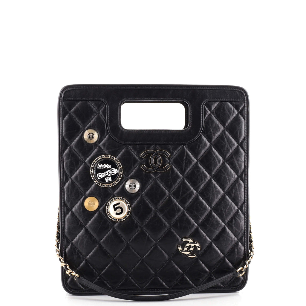 Chanel Charms Cut Out Handle Shopping Tote Quilted Aged Calfskin