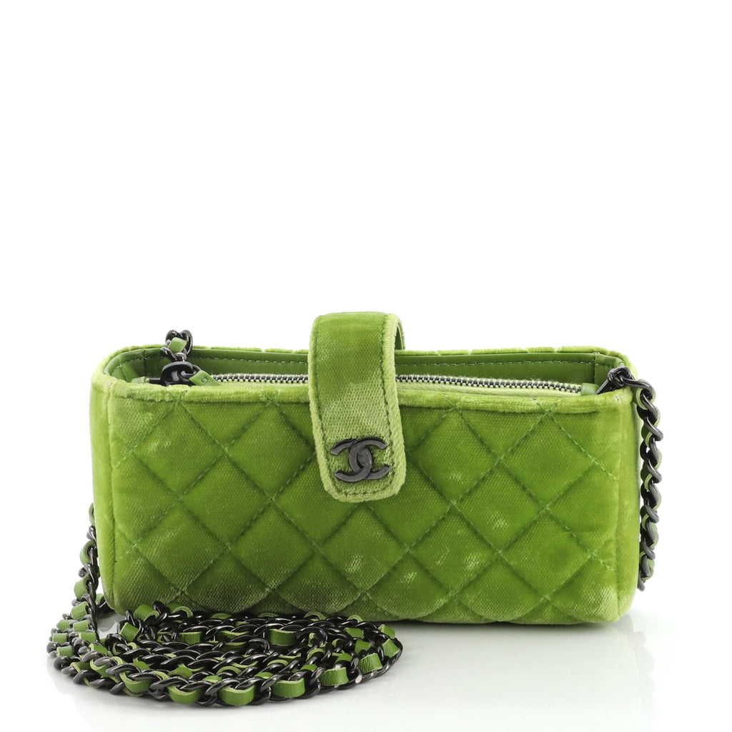 Chanel Chain Phone Holder Crossbody Bag Quilted Velvet Mini Green