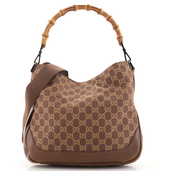 Gucci Vintage Bamboo Handle Open Hobo GG Canvas with Leather Small
