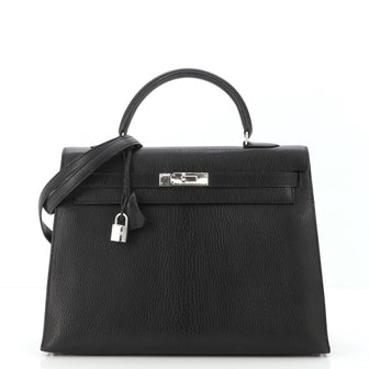 Hermes Kelly Handbag Black Chevre de Coromandel with Palladium Hardware 35
