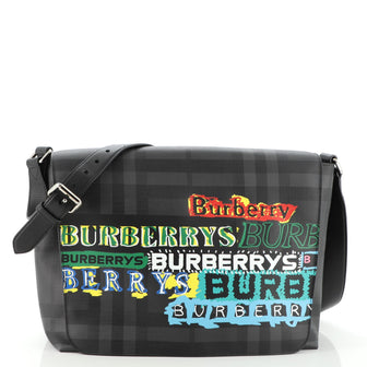 Burberry Graffiti Flap Messenger Bag Smoked Check Coated Canvas Large