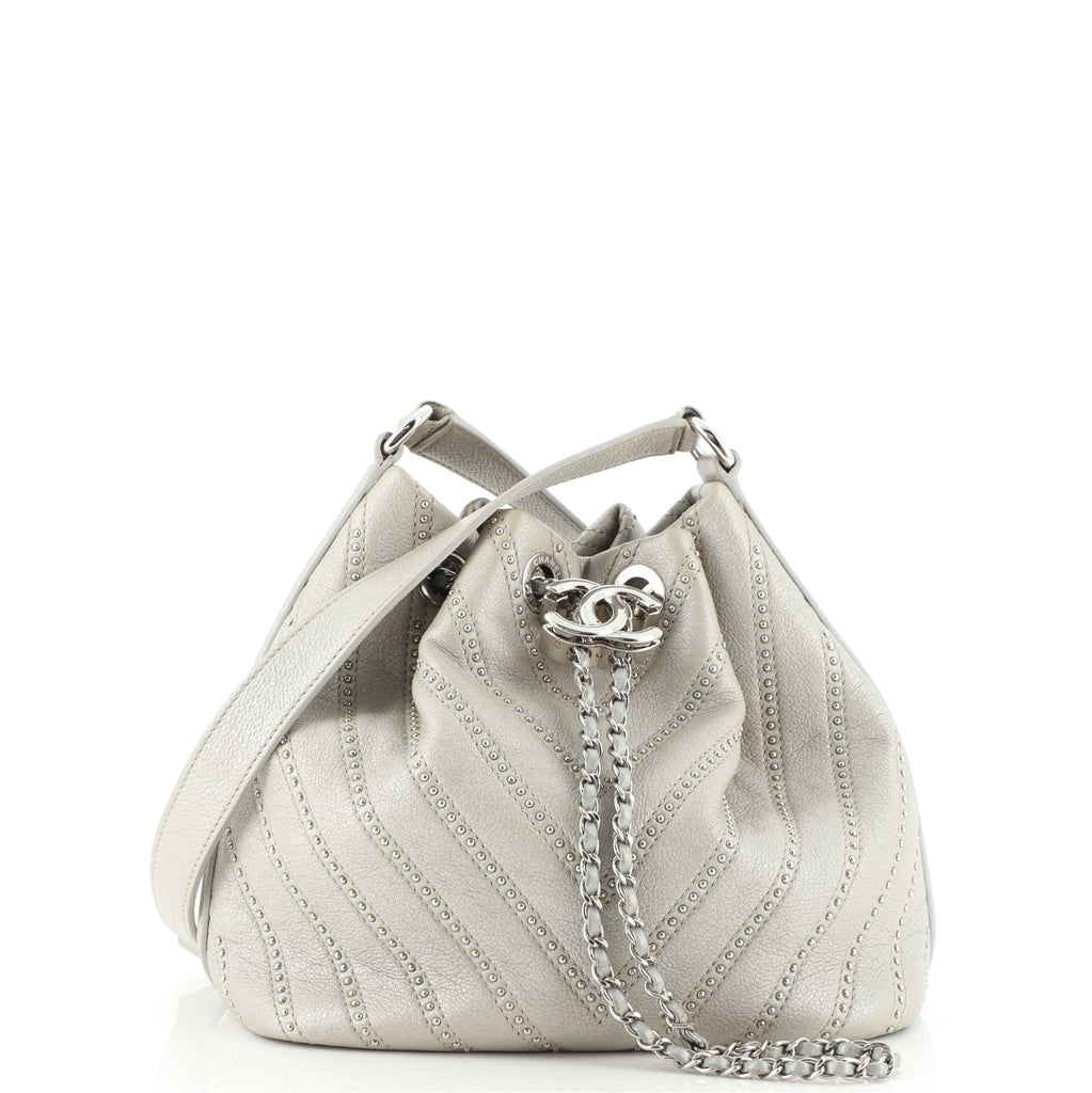 Chanel Stud Wars Drawstring Bucket Bag Embellished Chevron Lambskin Mini  Gray 12973497