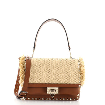 Valentino Rockstud Chain Top Handle Satchel Woven Raffia with Leather Medium