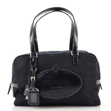 Prada Embossed Logo Bauletto Bag Tessuto with Leather Medium