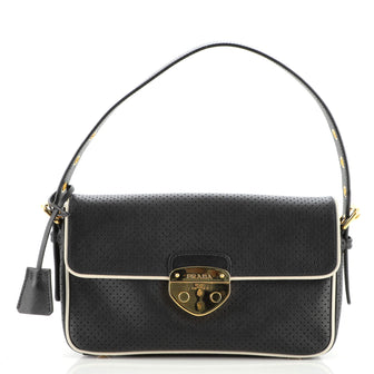 Prada Pushlock Flap Shoulder Bag Perforated Leather Medium